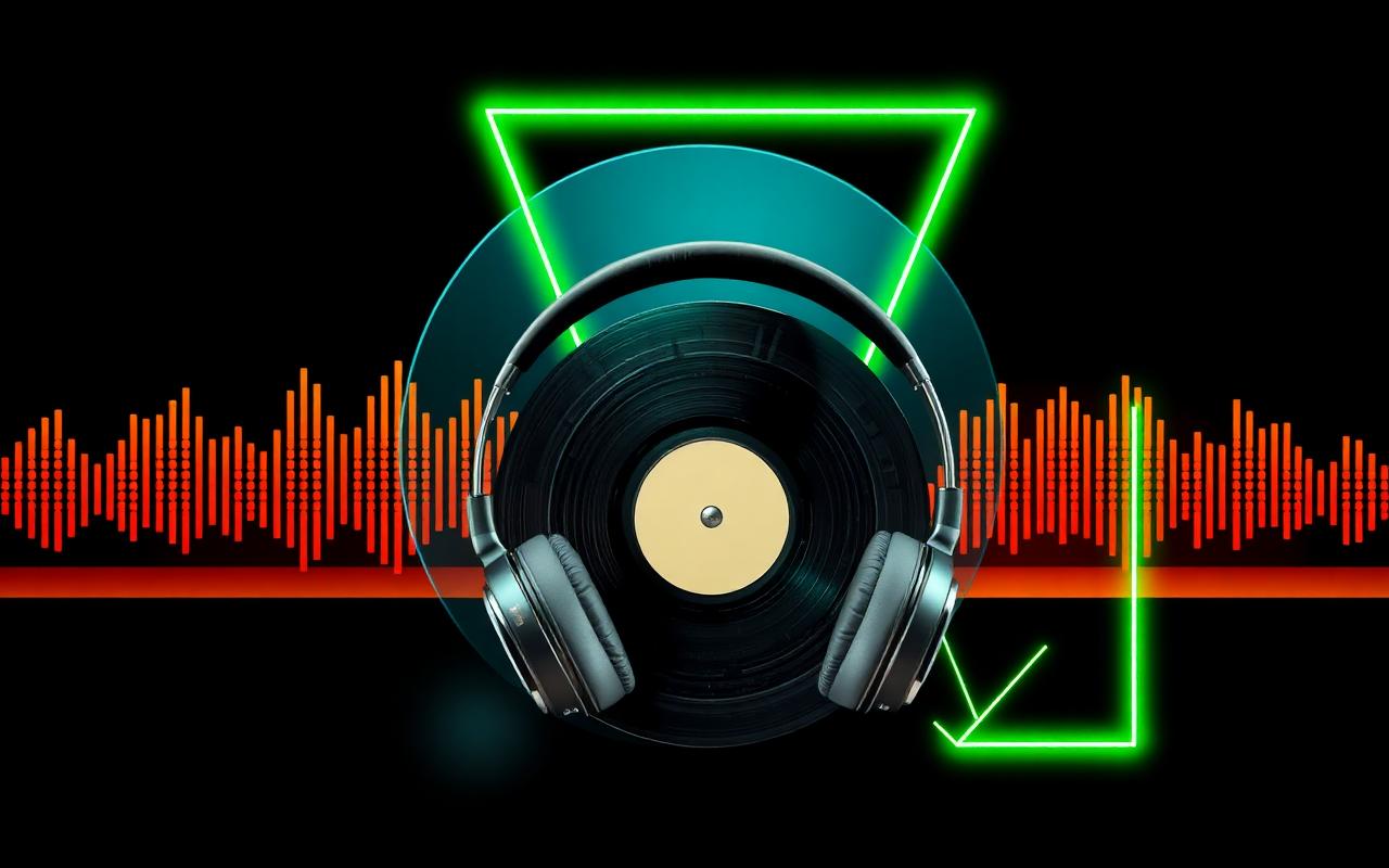 Vinyl, Kopfhörer und Soundwellen-Grafik