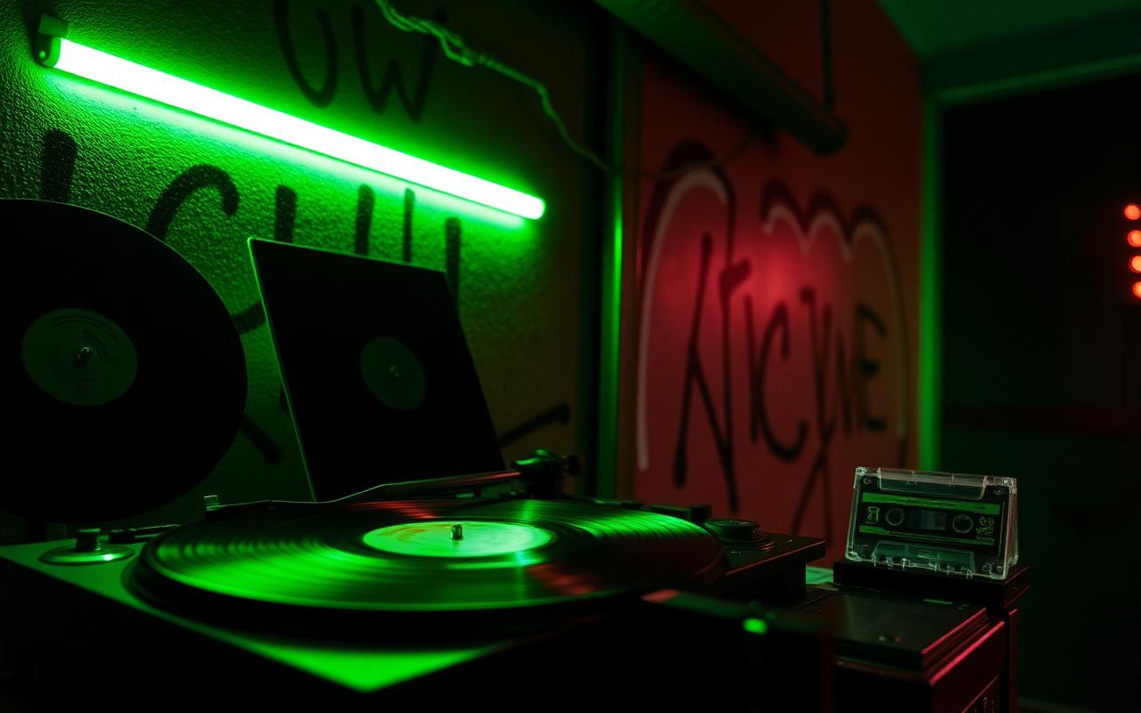 Plattenspieler, Vinyl und Graffiti-Wand